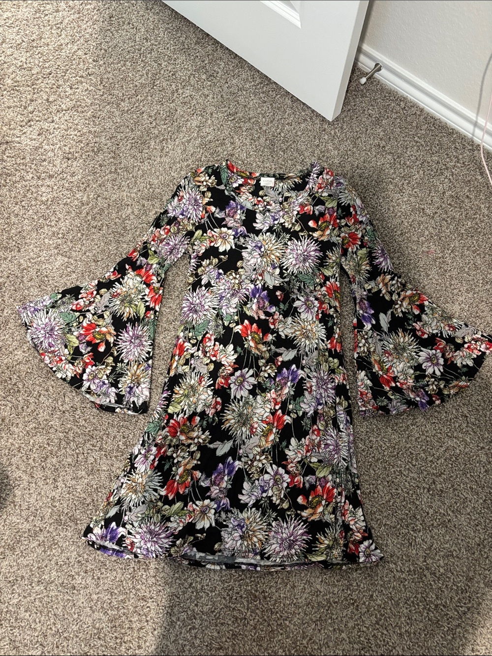 Cupio Black Floral Mini Dress with Bell Sleeves